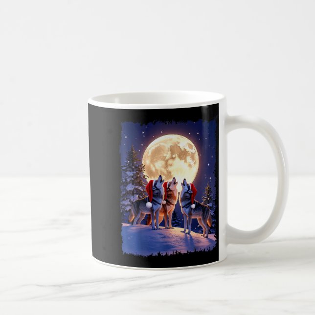 Wolf Christmas Funny 3 Wolf Howling Moon Santa Hat Coffee Mug (Right)
