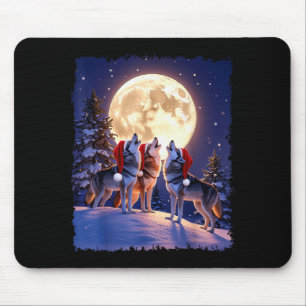 Wolf Christmas Funny 3 Wolf Howling Moon Santa Hat Mouse Mat