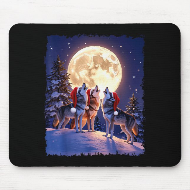 Wolf Christmas Funny 3 Wolf Howling Moon Santa Hat Mouse Mat (Front)