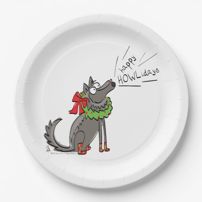Wolf Christmas Happy Howlidays Funny Paper Plate (Front)