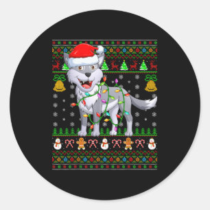 Wolf Christmas Lights Funny Santa Ugly Sweaters Cu Classic Round Sticker