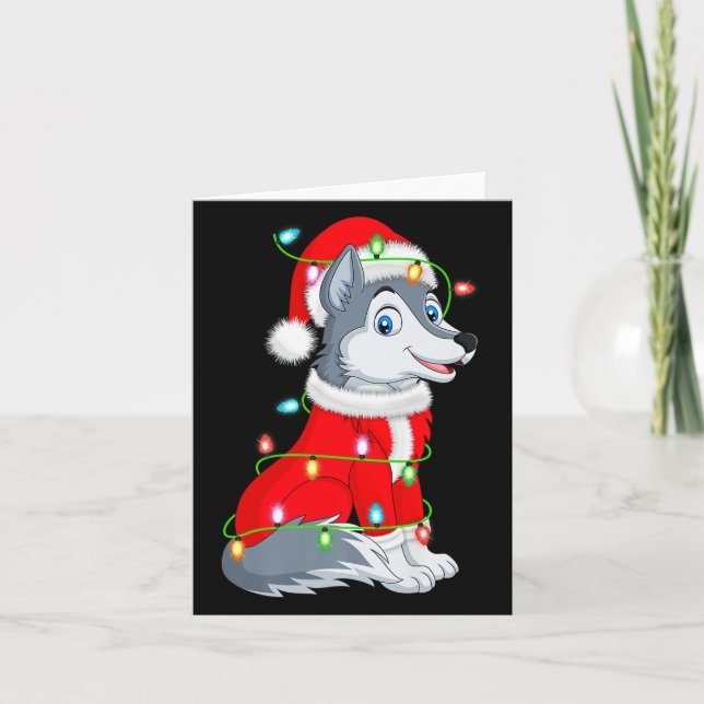 Wolf Christmas Lights Santa Costume Cute Animal Xm Card (Front)