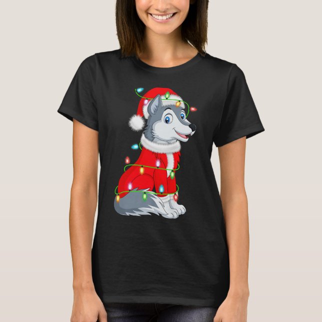 Wolf Christmas Lights Santa Costume Cute Animal Xm T-Shirt (Front)