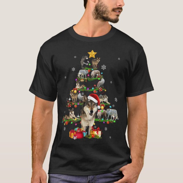 Wolf Christmas Tree X-mas Lover Gift T-Shirt (Front)