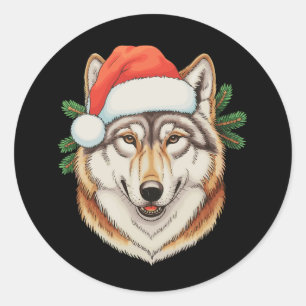 Wolf Christmas Xmas Santa Hat Animal Holiday Classic Round Sticker
