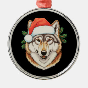 Wolf Christmas Xmas Santa Hat Animal Holiday Metal Tree Decoration