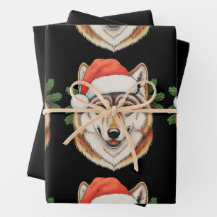 Wolf Christmas Xmas Santa Hat Animal Holiday Wrapping Paper Sheet
