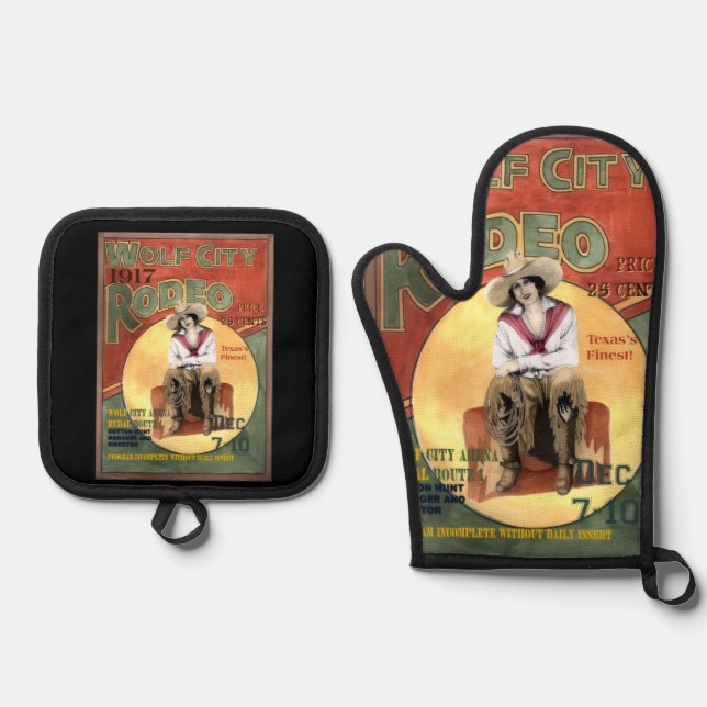 "Wolf City, Texas Rodeo" Oven Mitt & Pot Holder Set (Front)