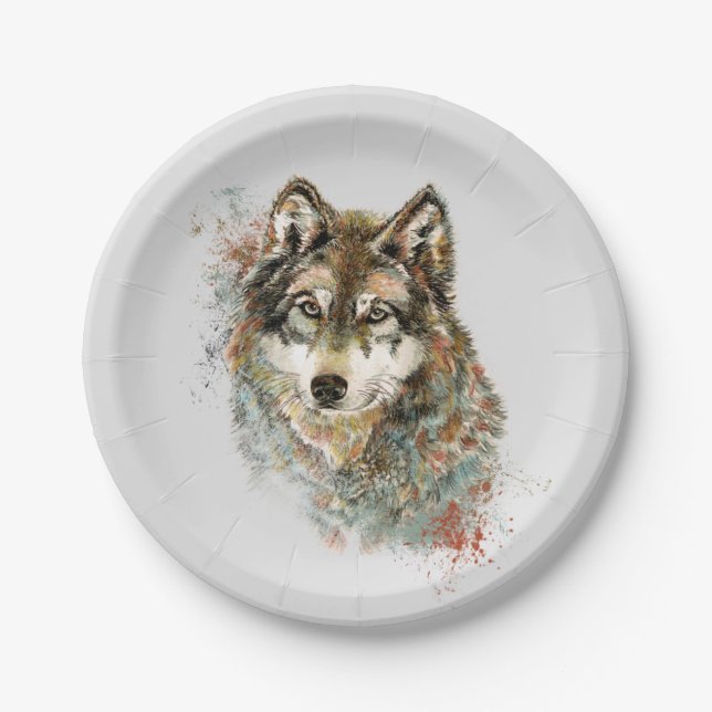 Wolf Code Inspirational Watercolor Wildlife animal Paper Plate (Front)