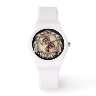 Wolf couple nestled within a dream catcher watch