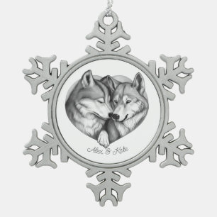 Wolf Couple Snowflake Pewter Christmas Ornament