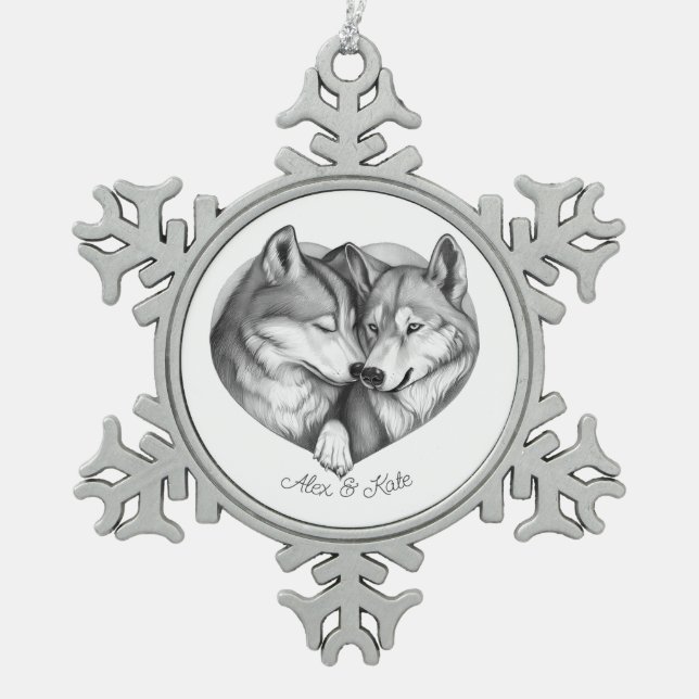 Wolf Couple Snowflake Pewter Christmas Ornament (Front)