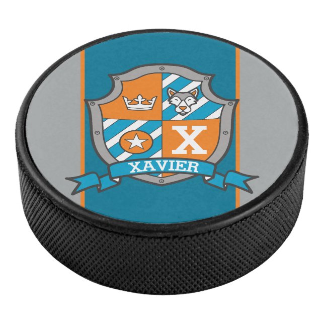 Wolf crest custom name orange blue monogrammed hockey puck (3/4)