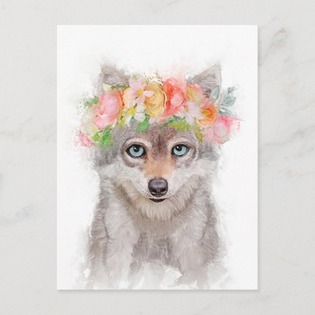 Wolf Cub Flower Crown Portrait Postcard (Front)