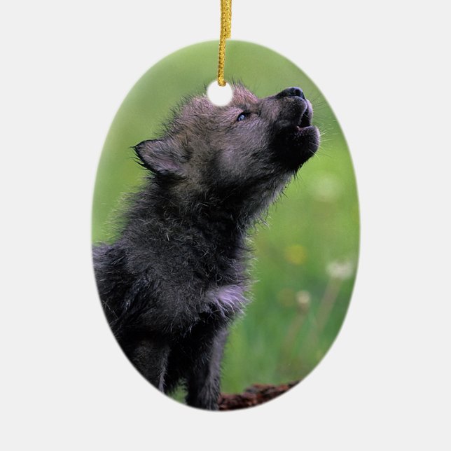 Wolf Cub Howling Ceramic Tree Decoration (Front)