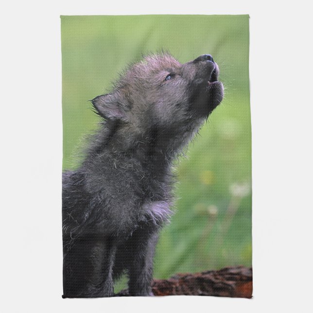 Wolf Cub Howling Tea Towel (Vertical)