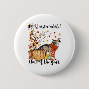 Wolf Dog Fall Pumpkins Autumn Leaf Tree 6 Cm Round Badge