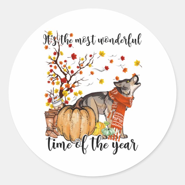 Wolf Dog Fall Pumpkins Autumn Leaf Tree  Classic Round Sticker (Front)