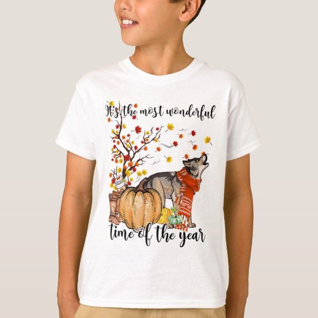 Wolf Dog Fall Pumpkins Autumn Leaf Tree  T-Shirt (Front)