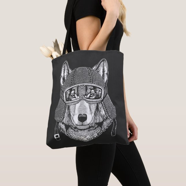 Wolf Dog Motorcycle Rider Tote Bag (Close Up)