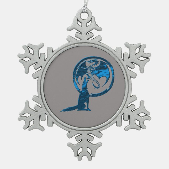 Wolf & Dragon blue pewter snowflake ornament (Front)