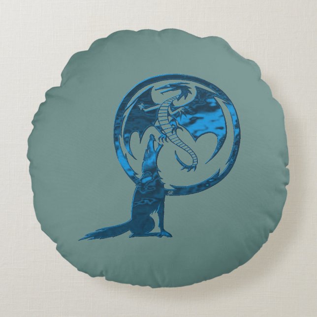 Wolf & Dragon Blue round blue cotton pillow (Front)