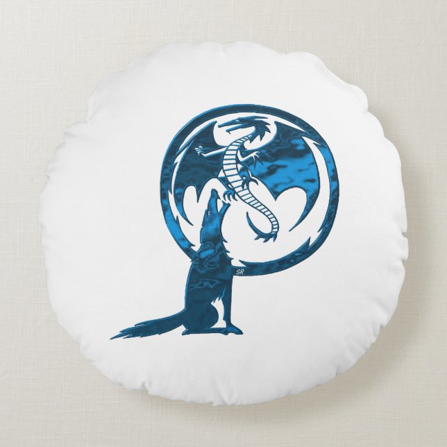 Wolf & Dragon Blue round cotton pillow (Front)