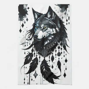 wolf, dreamcatcher, amulet, talisman, protection, tea towel