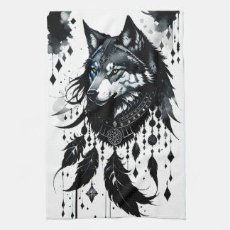 wolf, dreamcatcher, amulet, talisman, protection, tea towel