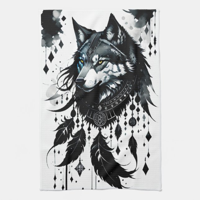 wolf, dreamcatcher, amulet, talisman, protection, tea towel (Vertical)
