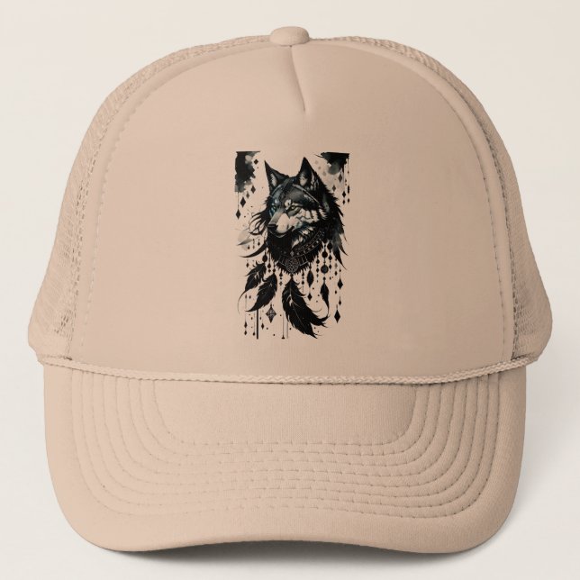 wolf, dreamcatcher, amulet, talisman, protection, trucker hat (Front)