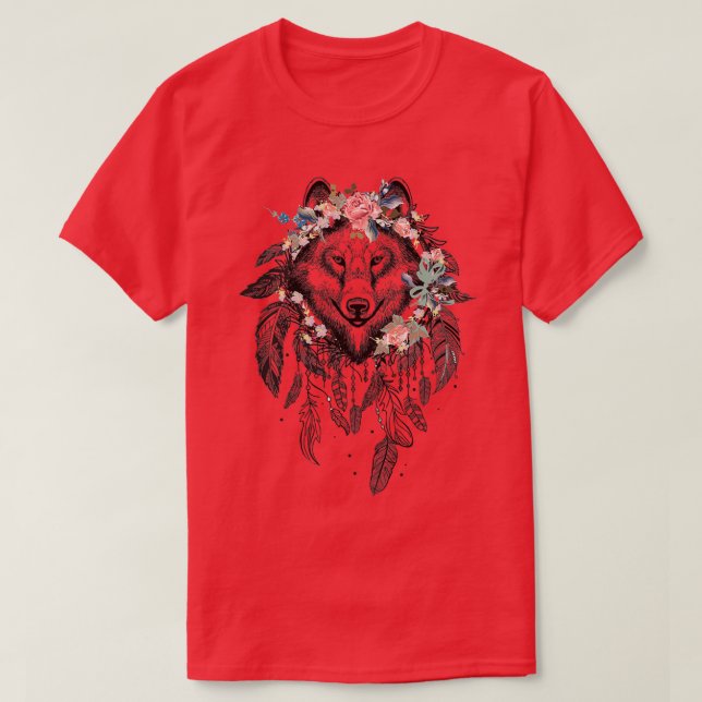 Wolf Dreamcatcher with flower  T-Shirt (Design Front)