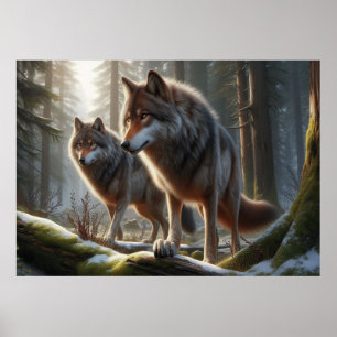 Wolf Duo in Forest 3D Look    Stunning Nature Poster