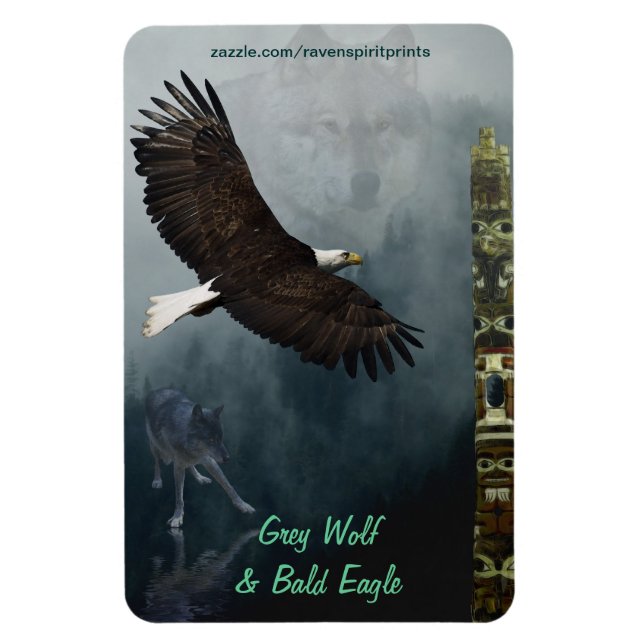 Wolf, Eagle Totem & Misty Forest Wildlife Magnet (Vertical)