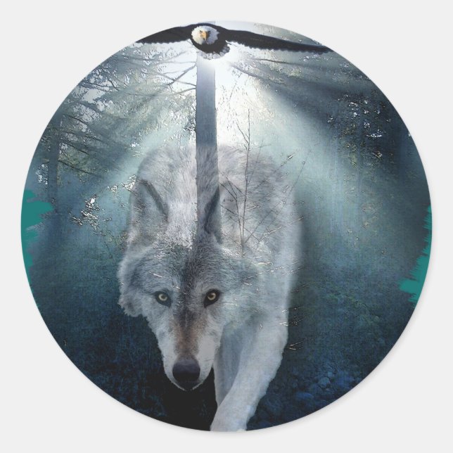 WOLF & EAGLE Wildlife Series Classic Round Sticker (Front)