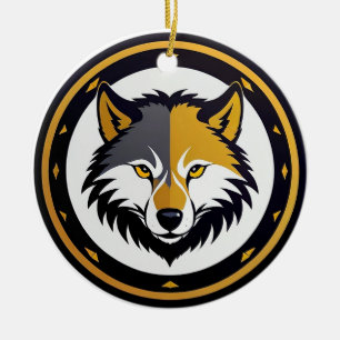Wolf Emblem Logo With Golden Circle Ceramic Tree Decoration