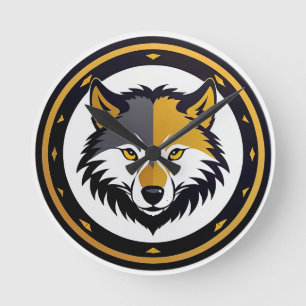 Wolf Emblem Logo With Golden Circle Round Clock