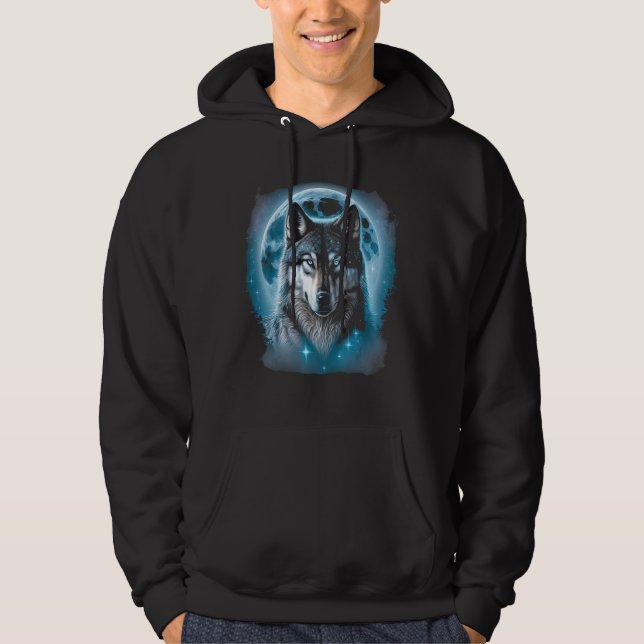 Wolf Face and Moon Graphic Hoodie (Front)