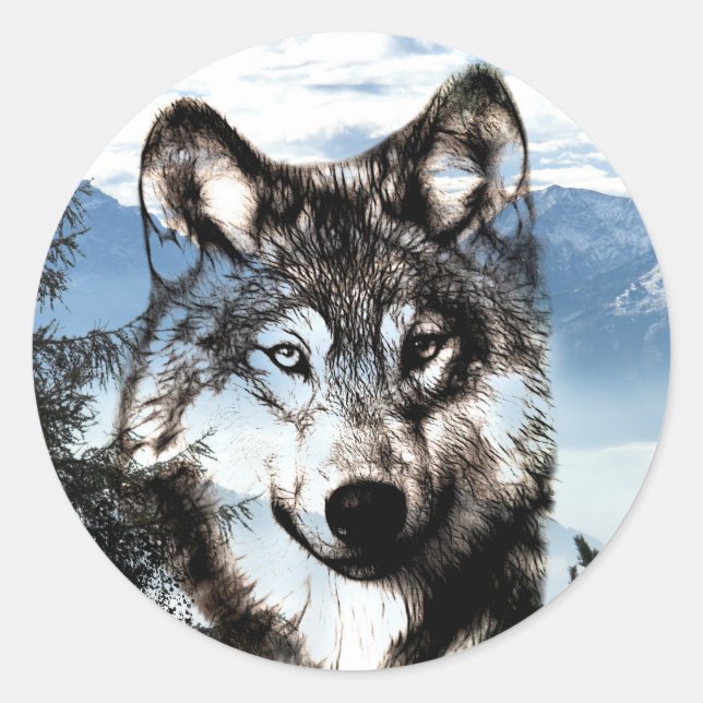 Wolf face classic round sticker (Front)