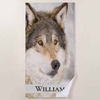 Wolf face head wildlife winter forest name beach towel