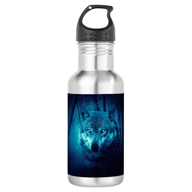 Wolf face in dark fantasy forest 532 ml water bottle (Front)