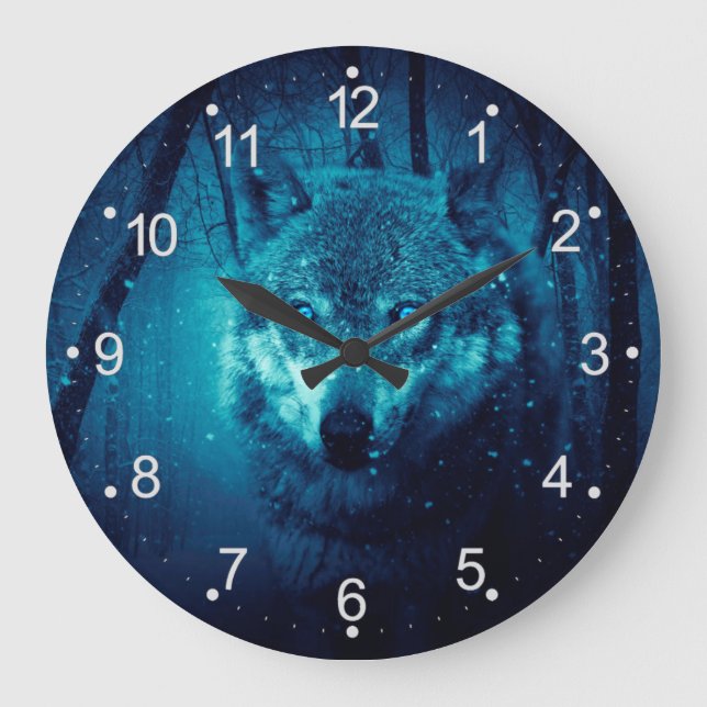 Wolf face in dark fantasy forest large clock (Front)