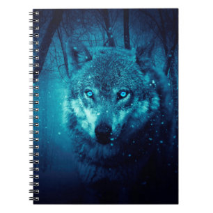 Wolf face in dark fantasy forest notebook