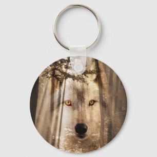 Wolf face in the woods key ring