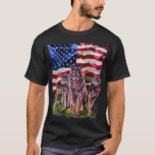 Wolf Family with Flag of USA  T-Shirt