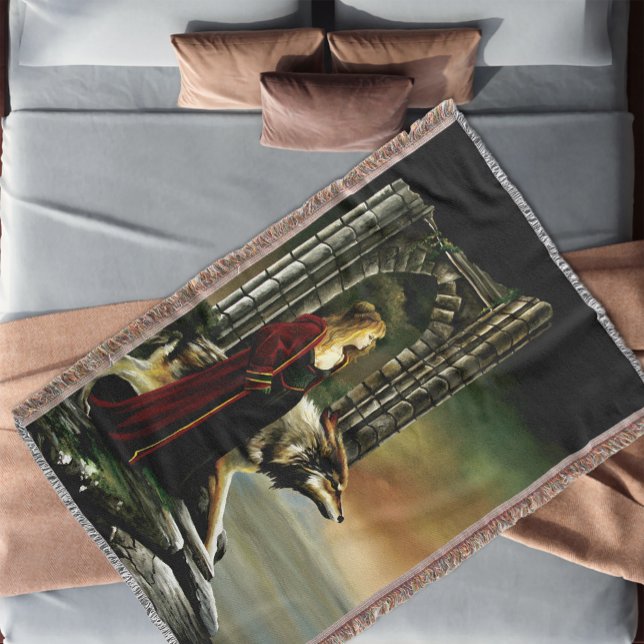 Wolf Fantasy Blonde Sorceress Throw Blanket (Creator Uploaded)