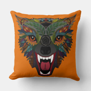 wolf fight flight orange cushion