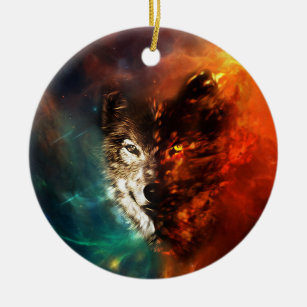 Wolf fire and ice ceramic tree decoration