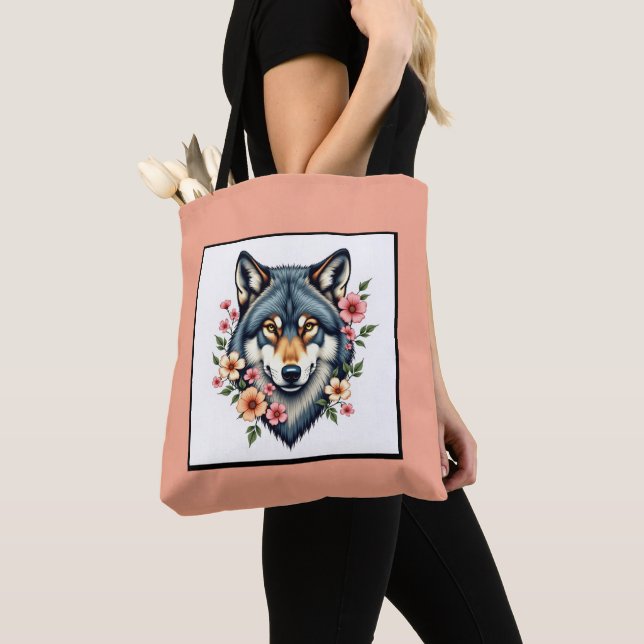 Wolf Floral  Shoulder Tote Bag (Close Up)