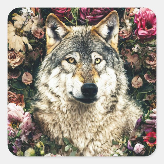 Wolf floral square sticker (Front)